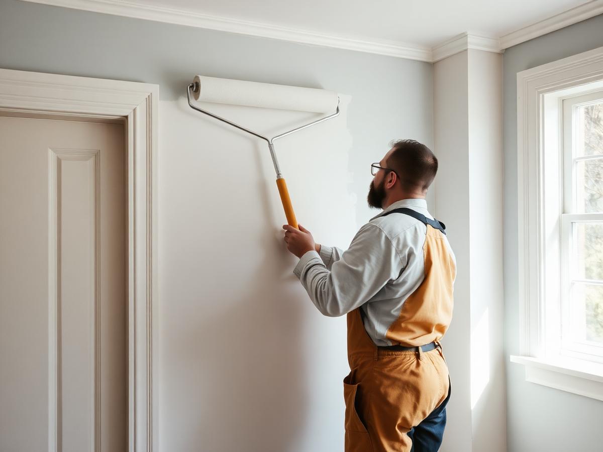 Schilder werkt witte muur af met roller tijdens renovatie in Noord-Holland