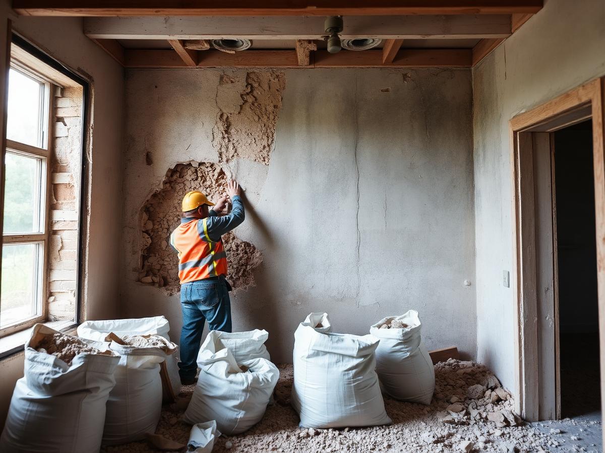 Sloopwerk binnenshuis met puinzakken en gestript metselwerk